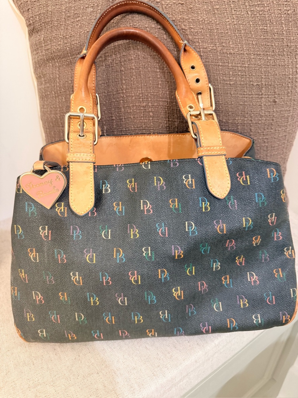 Dooney & Bourke Black Satchel with Tan Leather Trim and Multicolor Logo